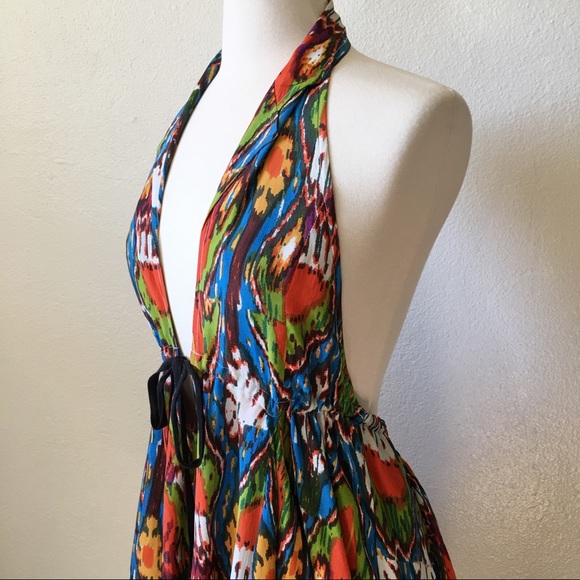 Free People Halter Ikat Print Tiered Hi-Low Dress Flowy Beach sz M - Picture 5 of 8